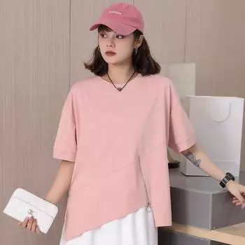 DIMANAF 2024, летняя футболка больших размеров, женские асимметричные однотонные свободные топы на молнии с короткими рукавами, футболки One Size оранжевый