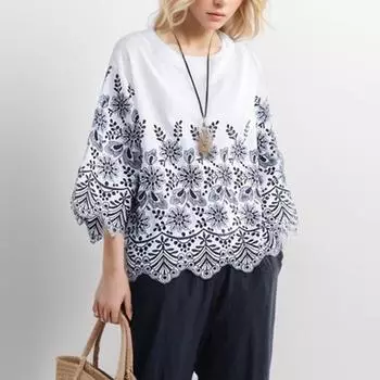 DIMANAF 2024, летняя кружевная блузка больших размеров, повседневная рубашка, женская одежда с принтом, белая свободная футболка с короткими рукавами L