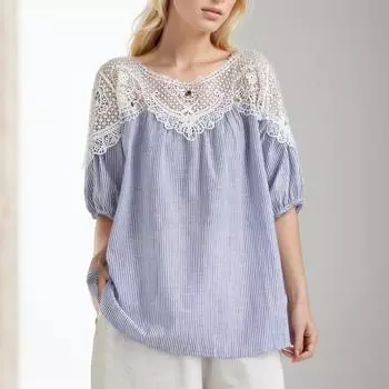 DIMANAF 2024, летняя кружевная блузка, повседневная рубашка, женская одежда с принтом, белая свободная футболка с длинными рукавами