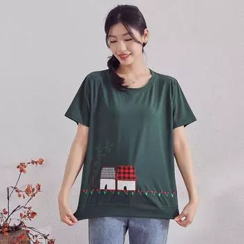 DIMANAF 2024 Летняя новая футболка женская с вышивкой и принтом свободные повседневные базовые топы с круглым вырезом зеленый синий One Size зелёный