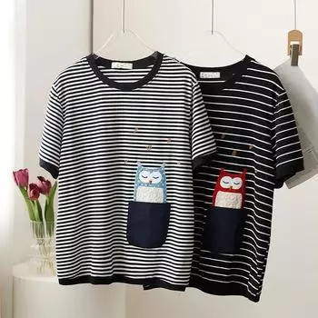 DIMANAF 2024 Летняя новая футболка женская с вышивкой и принтом в полоску свободные повседневные базовые топы с круглым вырезом One Size чёрный