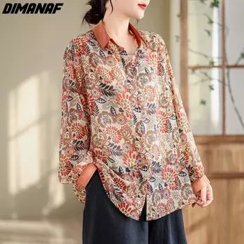 DIMANAF 2024, летняя повседневная блузка больших размеров, рубашка с длинным рукавом, новая винтажная женская свободная рубашка с цветочным принтом, базовые футболки