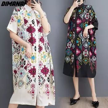 DIMANAF 2024, летняя рубашка больших размеров, свободное платье, женская повседневная футболка, женская винтажная футболка с принтом, модные длинные платья на пуговицах