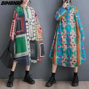 DIMANAF 2024, летняя рубашка больших размеров, платье с длинными рукавами, женская свободная повседневная футболка, женские винтажные платья на пуговицах с принтом