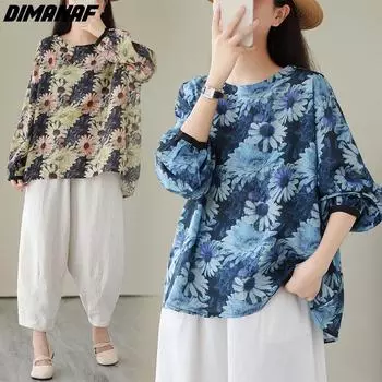 DIMANAF 2024, летняя женская блузка больших размеров, футболки, элегантные женские топы, футболки с цветочным принтом, свободная повседневная хлопковая рубашка оверсайз