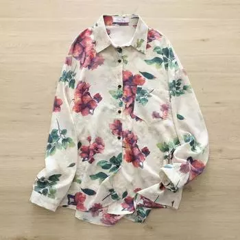 DIMANAF 2024, летняя женская блузка больших размеров с пуговицами, футболки с цветочным принтом, топы с длинными рукавами, футболки, свободная повседневная льняная рубашка