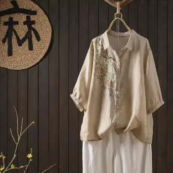 DIMANAF 2024 Летняя женская блузка с принтом, рубашка, льняная футболка с длинным рукавом, модный узор, зеленые топы, футболки, свободная повседневная белая рубашка One Size