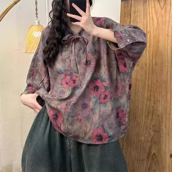 DIMANAF 2024, летняя женская блузка с принтом, рубашка, льняная футболка с длинными рукавами и модным узором, футболки, свободная повседневная рубашка