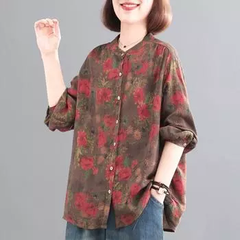 DIMANAF 2024 Летняя женская блузка с принтом, рубашка, льняная футболка с длинными рукавами и пуговицами, модные топы с узором, футболки, свободная повседневная рубашка