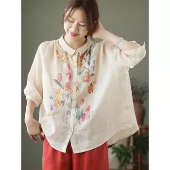 DIMANAF 2024 Летняя женская блузка с принтом, рубашка, льняная футболка с коротким рукавом, модные топы с узором, футболки, свободная повседневная белая рубашка