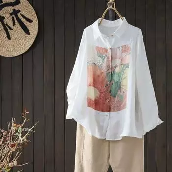DIMANAF 2024, летняя женская блузка с принтом, рубашка, льняная футболка с длинным рукавом, модные топы с узором, футболки, свободная белая рубашка