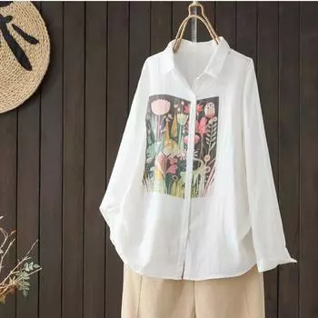 DIMANAF 2024, летняя женская блузка с принтом, рубашка, льняная футболка с длинным рукавом, модные топы с узором, футболки, свободная повседневная белая рубашка