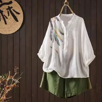 DIMANAF 2024, летняя женская блузка с принтом, рубашка, льняная футболка с длинным рукавом, модные топы с узором, футболки, свободная повседневная белая рубашка