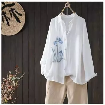 DIMANAF 2024, летняя женская блузка с принтом, рубашка, льняная футболка с длинным рукавом, модные топы с узором, футболки, свободная повседневная белая рубашка 753