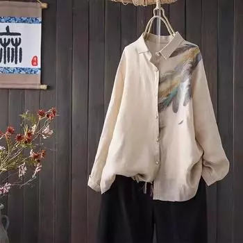 DIMANAF 2024 Летняя женская блузка с рисунком и принтом, рубашка, льняная футболка с длинным рукавом, модные топы, футболки, свободная повседневная белая рубашка