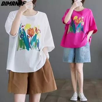 DIMANAF 2024, летняя женская футболка больших размеров с круглым вырезом, свободная с коротким рукавом и цветочным принтом, женские топы, футболки, модная хлопковая рубашка One Size розовый