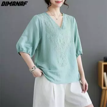 DIMANAF 2024 летняя женская футболка больших размеров, однотонная свободная футболка с короткими рукавами и вышивкой, цветочным принтом и v-образным вырезом, элегантные топы Lday, футболки