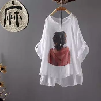 DIMANAF 2024, летняя женская футболка с рисунком летучей мыши, льняная футболка, модные лоскутные топы, футболки, туника большого размера, свободная повседневная рубашка