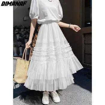DIMANAF 2024 Лето Большие размеры Длинные плиссированные дизайнерские женские юбки Кружева с эластичной резинкой на талии Винтажные юбки большого размера с высокой талией