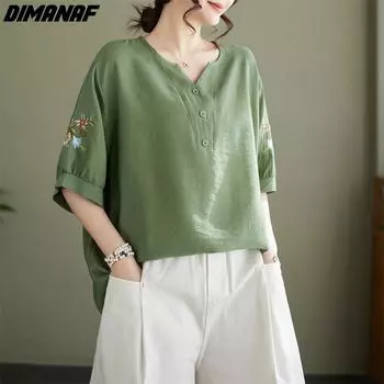 DIMANAF 2024 Лето Большие размеры женские футболки рубашки с цветочной вышивкой элегантные футболки свободные повседневные топы женская блузка