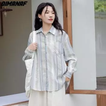 DIMANAF 2024 Лето Большие размеры женские футболки летние рубашки женские винтажные полосатые топы футболки свободная повседневная рубашка