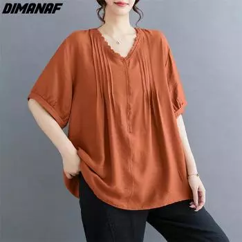 DIMANAF 2024 Лето Большие размеры женские футболки блузки рубашки с коротким рукавом элегантные кружевные свободные повседневные тонкие однотонные топы