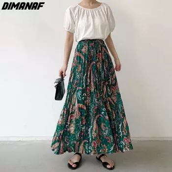 Dimanaf 2024 Лето Большие размеры женские новые юбки свободные эластичные талии плиссированные женские элегантные длинные юбки большого размера с цветочным принтом