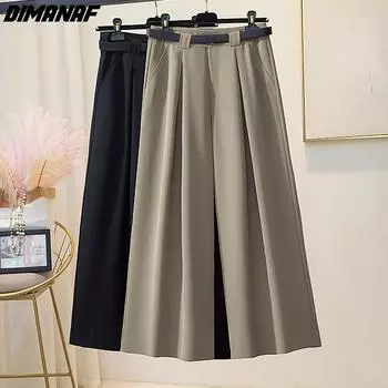 DIMANAF 2024 Лето Большие размеры женские длинные брюки свободные широкие брюки с эластичной резинкой на талии повседневные однотонные брюки
