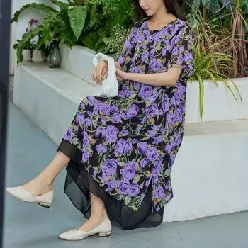 DIMANAF 2024 Лето больших размеров. Платье женское с принтом Богемное шифоновое повседневное платье Платье с цветочным принтом Свободные пляжные повседневные платья с круглым вырезом Фиолетовый женский One Size