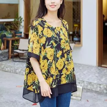 DIMANAF 2024 Лето Плюс Размер Женщины Шифон Vinatge Цветочный Принт Асимметричные Элегантные Топы Свободные Брюки Женские Лето Желтый Черный One Size