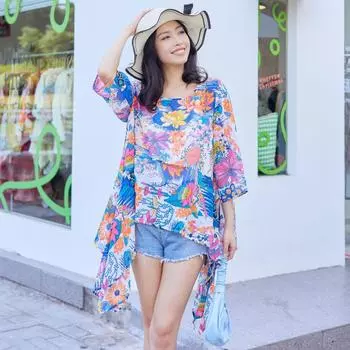 DIMANAF 2024 Лето Плюс Размер Женщины Шифон Vinatge Цветочный Принт Асимметричные Элегантные Топы Свободные Брюки Женские Лето Синий Розовый One Size