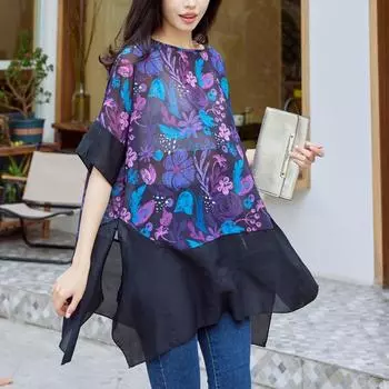 DIMANAF 2024 Лето Плюс Размер Женщины Шифон Vinatge Дизайн Большой Прозрачный Цветочный Принт Асимметричные Элегантные Топы Свободные Брюки Женские Лето