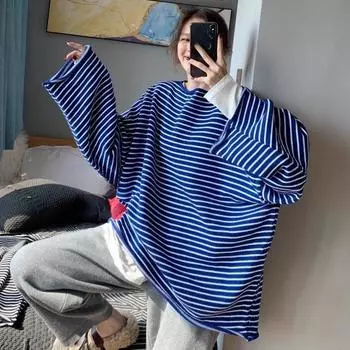 Dimanaf 2024 Летучая мышь плюс размер свитер синий осенний стиль женский оверсайз полосатый вязаный повседневный свободный