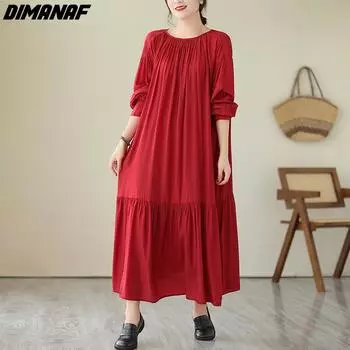 DIMANAF 2024 Nerw женское платье больших размеров весна-лето оверсайз элегантное однотонное мягкое базовое длинное платье с длинными рукавами и длинными рукавами