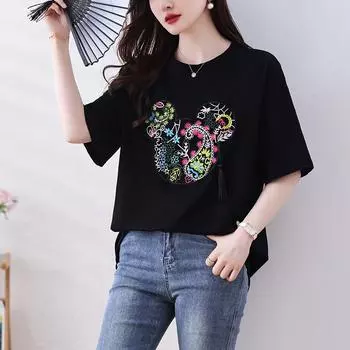 DIMANAF 2024 New Plus Size T-Shirt Summer Cotton Women Short Sleeve Loose Embroidery Design Tops Basic O-Neck Shirt