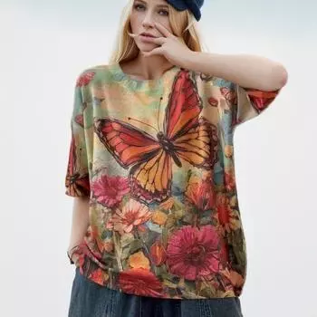 DIMANAF 2024 New Summer Women T-Shirts Summer Style Shirts Print Colorful Floral Elegant Tops Tees Loose Casual