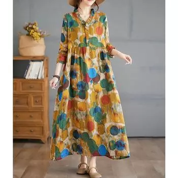 DIMANAF 2024 New Women Autumn Dress Ladies Long Dress Long Sleeve Linen Printing Floral Clothing