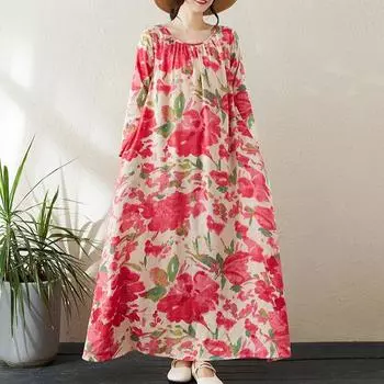 Dimanaf 2024 Новое женское осеннее платье Льняное длинное платье с длинным рукавом Цветочный принт Одежда черного цвета L