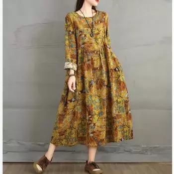 DIMANAF 2024 New Women Autumn Dress Linen Long Dress Long Sleeve Printing Floral Clothing