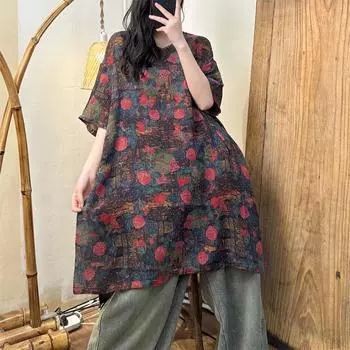 DIMANAF 2024, новая длинная футболка больших размеров, летняя рубашка, женская льняная рубашка с рукавами «летучая мышь», свободные базовые топы с круглым вырезом, новая футболка