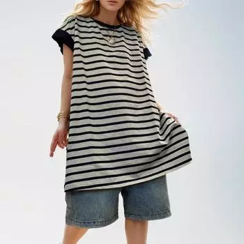 DIMANAF 2024 Новая длинная футболка больших размеров, летняя женская футболка с коротким рукавом в полоску, свободные базовые топы с круглым вырезом, новая футболка