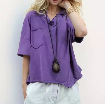 DIMANAF 2024 Новая футболка больших размеров, летняя женская свободная однотонная футболка с коротким рукавом с v-образным вырезом, фиолетовая базовая футболка, новинка