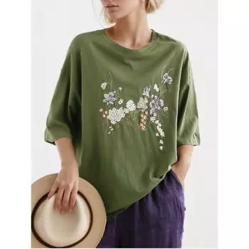 DIMANAF 2024 Новая футболка больших размеров, летняя женская футболка с коротким рукавом, свободная цветочная вышивка и круглый вырез, базовые топы, футболка, новый большой размер