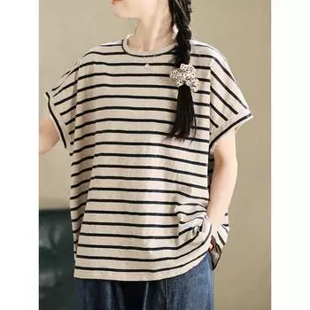 Dimanaf 2024 Новая футболка больших размеров, летняя хлопковая женская футболка с коротким рукавом, простые свободные полосатые топы, базовая рубашка с круглым вырезом