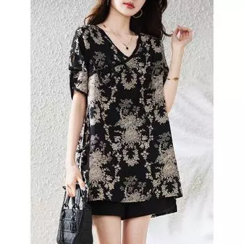 DIMANAF 2024 Новая футболка больших размеров, летняя винтажная женская футболка с коротким рукавом и цветочным узором, базовые топы с круглым вырезом, большой размер