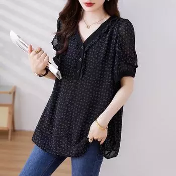 DIMANAF 2024 Новая футболка больших размеров Летняя женская свободная хлопковая футболка с коротким рукавом с v-образным вырезом Базовые топы Новый элегантный большой размер