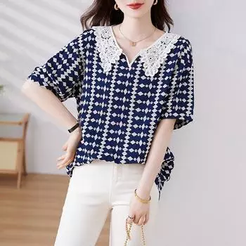 DIMANAF 2024 Новая футболка больших размеров, летняя женская свободная хлопковая футболка с коротким рукавом с воротником Питера Пэна, базовые топы, новый большой размер