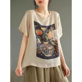 Dimanaf 2024 Новая футболка больших размеров, летние женские свободные топы с короткими рукавами и цветочным узором, базовая футболка с круглым вырезом