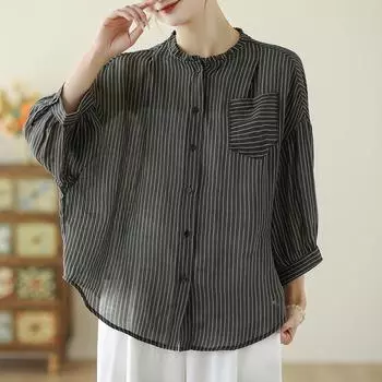 DIMANAF 2024 Новая футболка больших размеров, летняя женская футболка на пуговицах, винтажная полосатая свободная повседневная базовая рубашка большого размера
