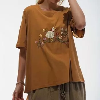 Dimanaf 2024 Новая футболка больших размеров, летняя женская футболка с вышивкой и коротким рукавом, свободные базовые топы с цветочным принтом и круглым вырезом, новая футболка большого размера